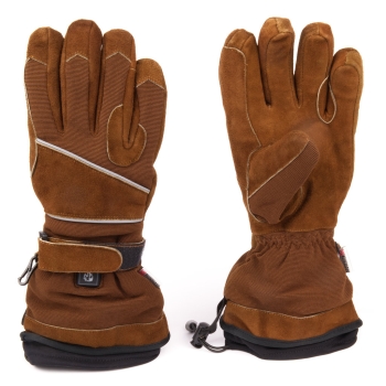 Double sided heated gloves for hang glider "Dual Heat Glider" with push heating control made of brown goat leather